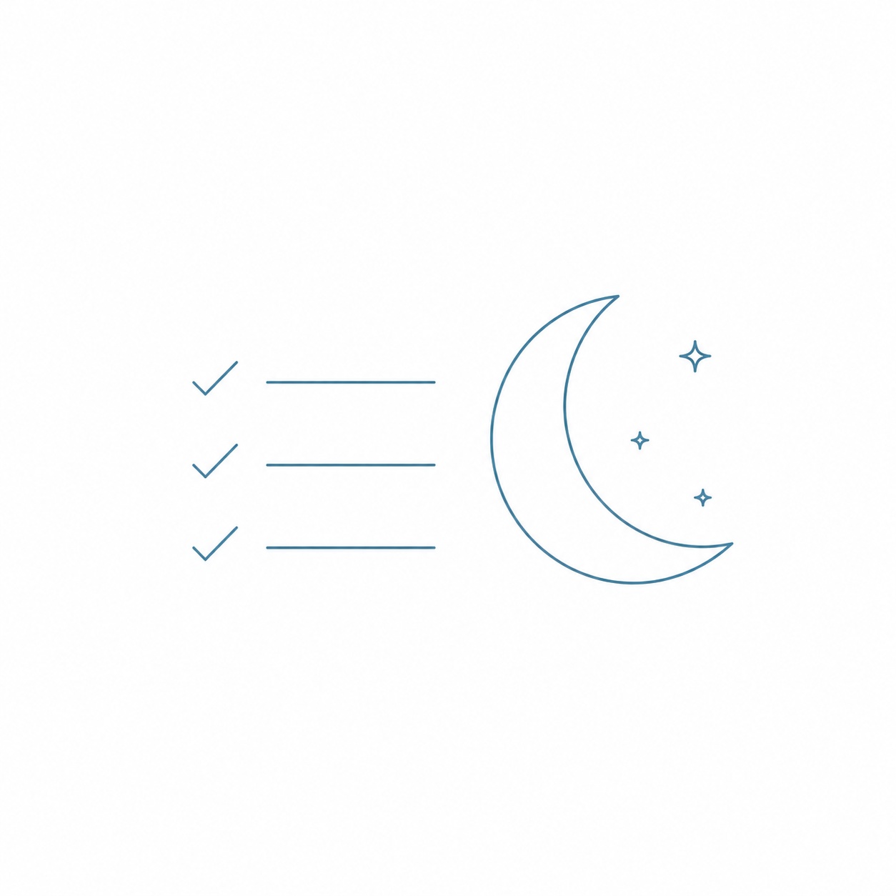 An evening review checklist beside a crescent moon